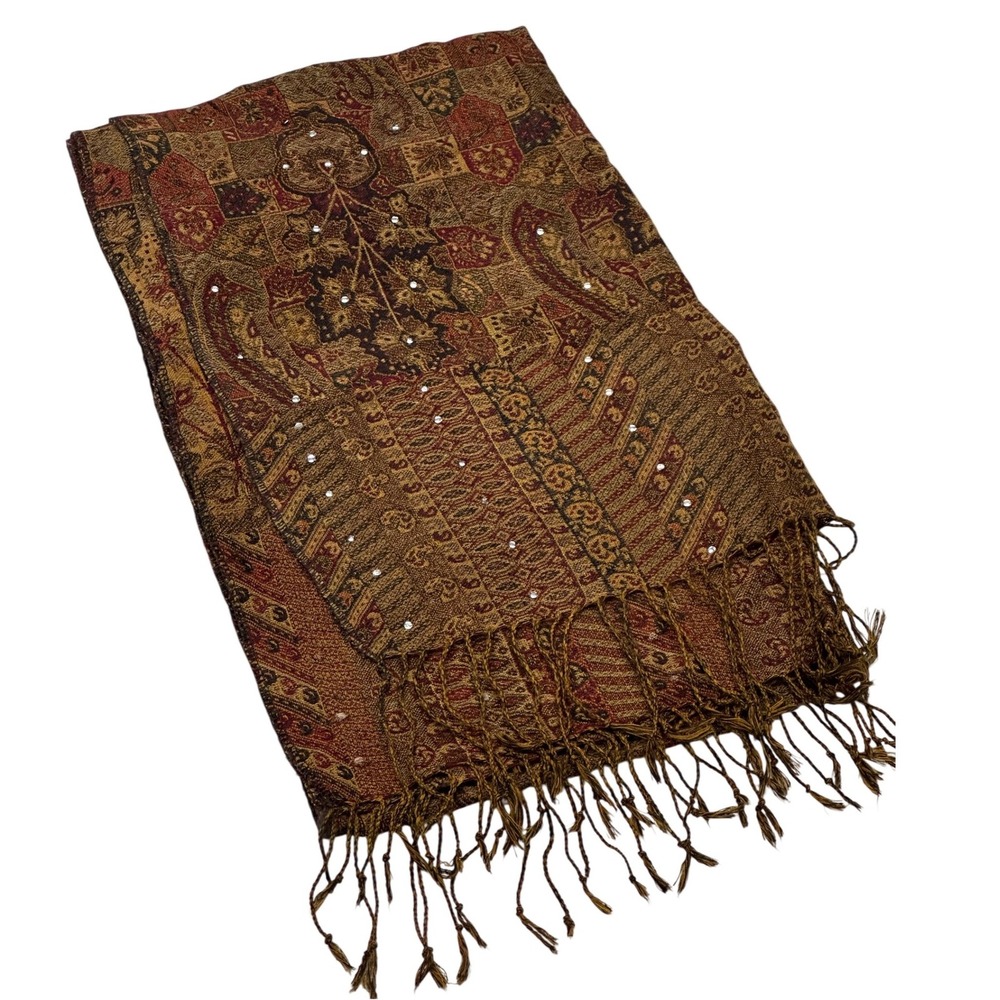 RJM Shawls Scarf Brown Paisley Rhinestone Beaded Fringe Wrap Shawl Women OS
